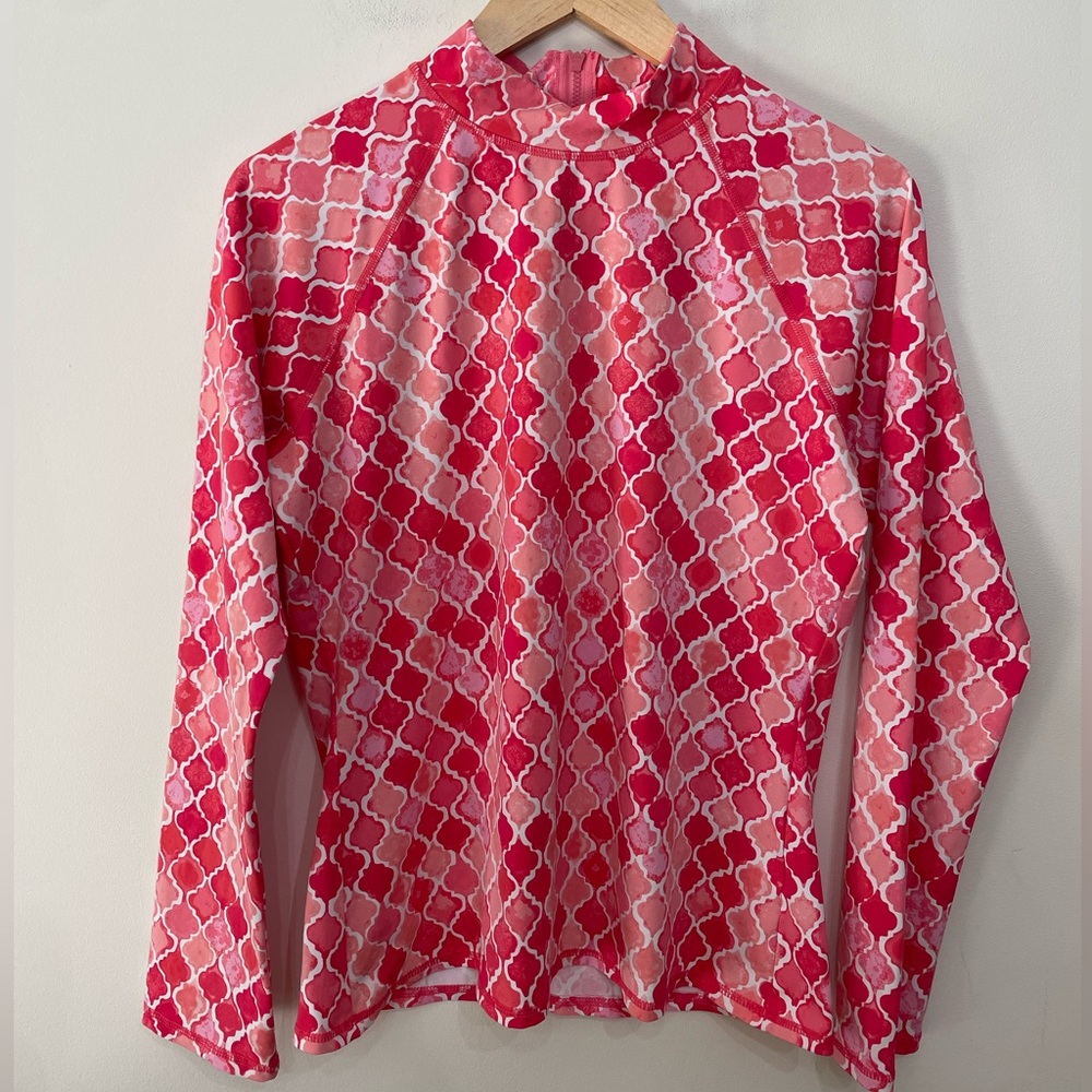 Garnet Hill Sun Shirt Mock Neck Back Zip Rash Guard Pink Geometric Swim Womens L